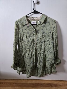 HOLDING HORSES Olive Green Botanical Print Blouse